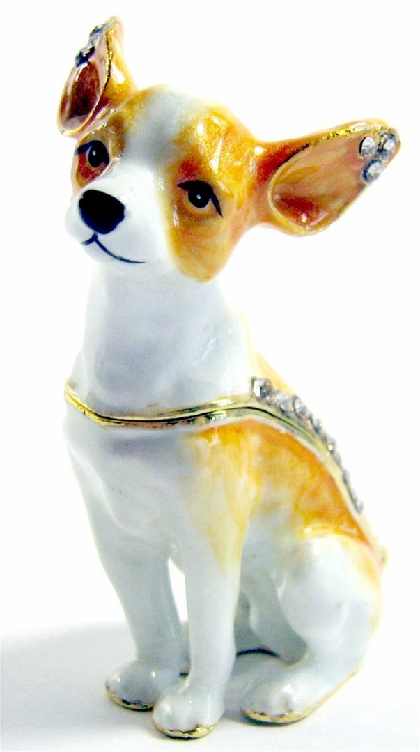 Chihuahua Dog - Decorative Jewelled Box Figurine Tan & White
