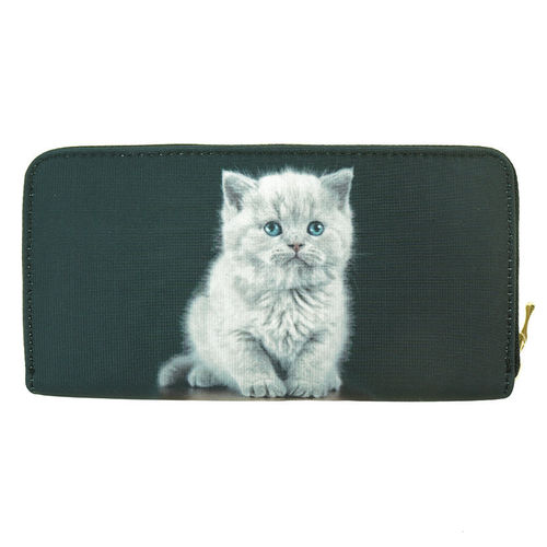 Cat Black Wallet - Grey Fluffy Kitten Blue Eyes on Both Sides