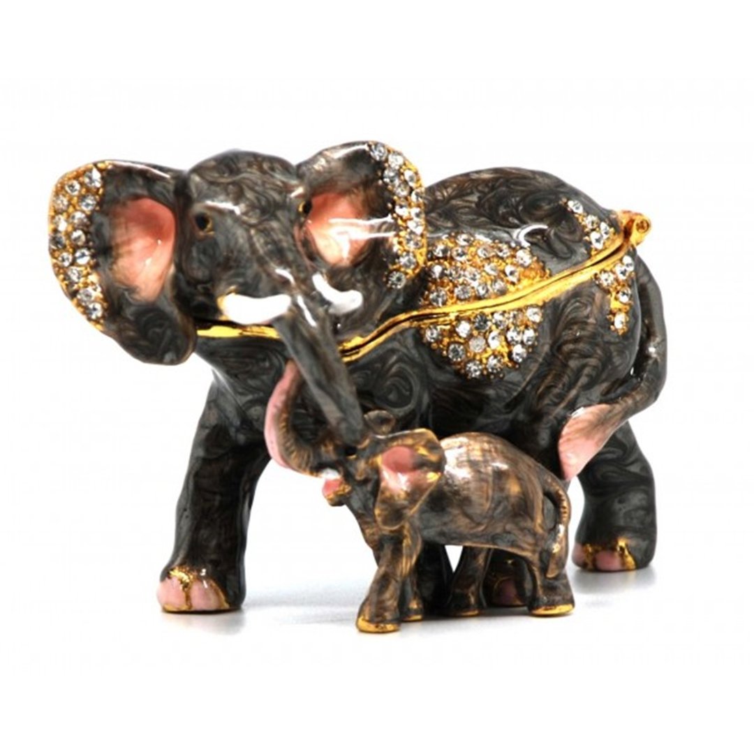 Elephant & Calf Diamante Decorated Jewelled Trinket Box