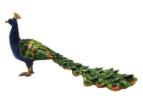 Peacock Long Tail Jewelled Bird Trinket Box - Enamelled