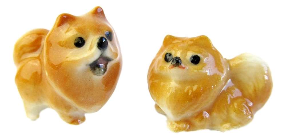 Miniature Porcelain Pomeranian Set/2 Tiny Dog Figurines