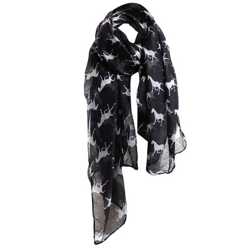 Horse Scarf - Black with White horses Approx 180cm Long