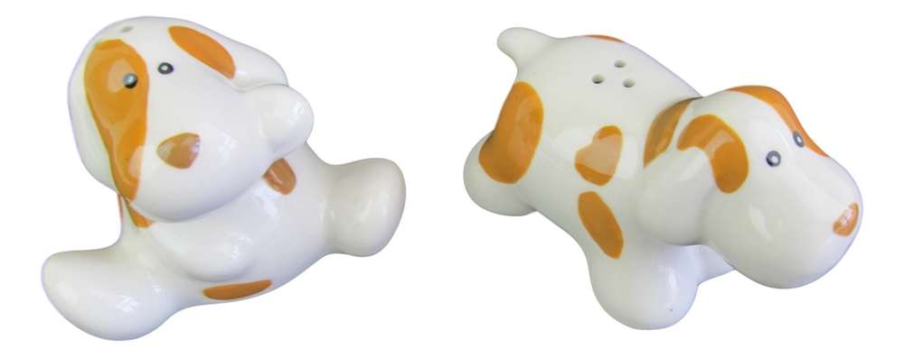 White Brown spotted Puppy Dog Salt & Pepper Shakers Ceramic