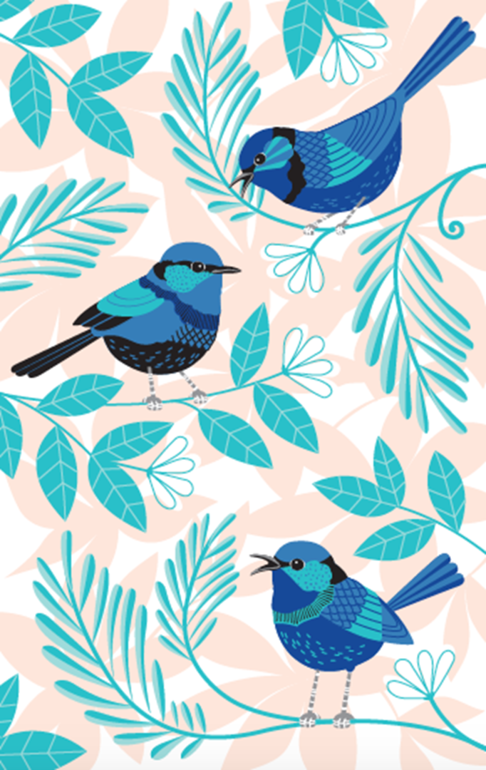 Blue Wren Tea Towel Cotton Natural/Cream background 2014 Bird Design 