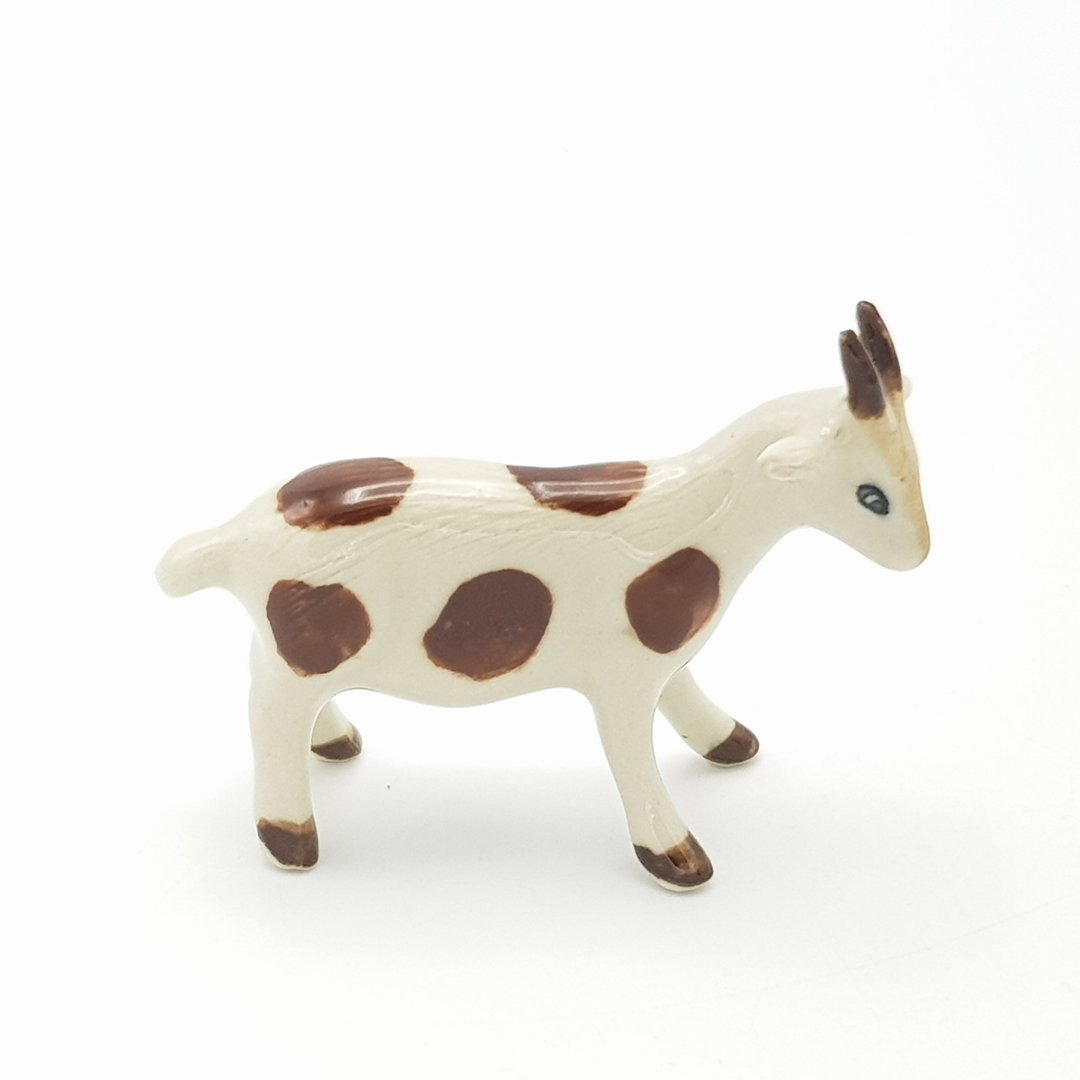 Miniature Ceramic Goat figurine White with Brown spots