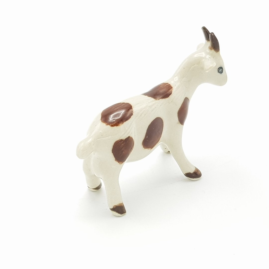 Miniature Ceramic Goat figurine White with Brown spots