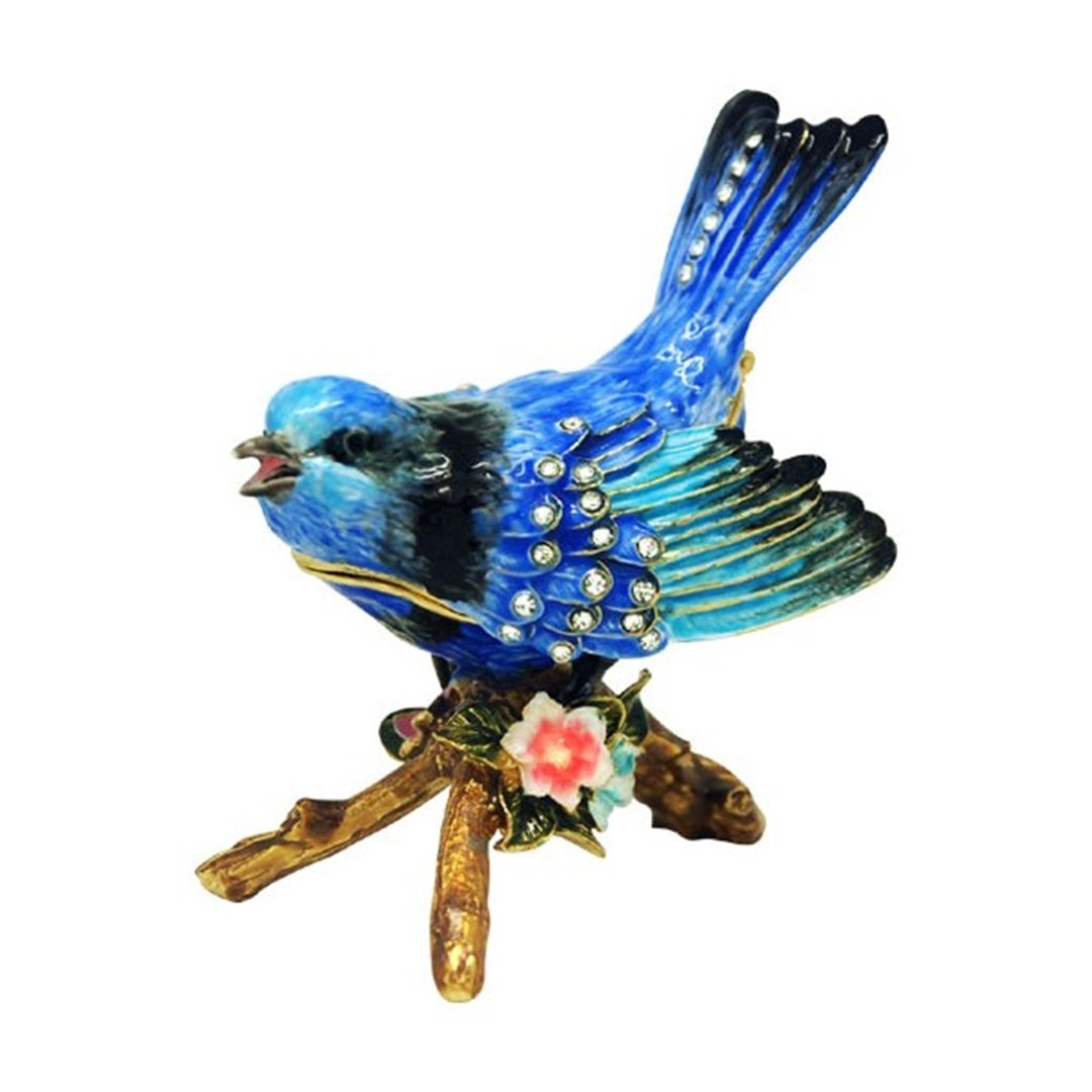 Enamelled Blue Wren on Branch Jewelled Bird Trinket Box 