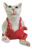 Miniature Ceramic Cat figurine, White Cat in Red Jumpsuit