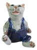 Miniature Ceramic Cat figurine, Grey Tabby in Blue Jumpsuit