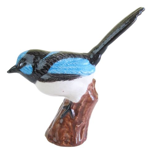 Ceramic Blue Wren on Tree Stump Bird Figurine Approx 9.5cm H